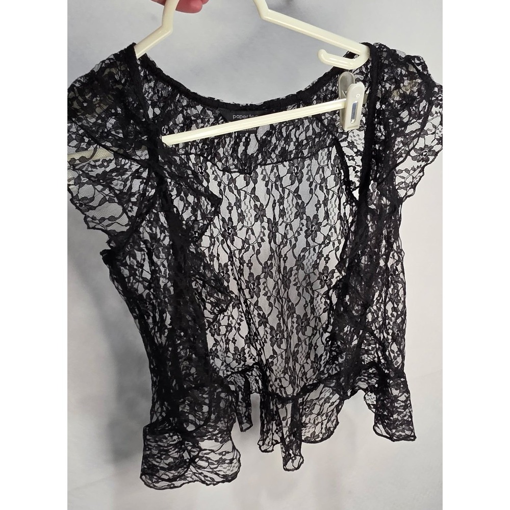 Paper Tee Black Floral Lace Ruffle Vest Sheer Open Front Cap Sleeve Medium - Picture 7 of 8